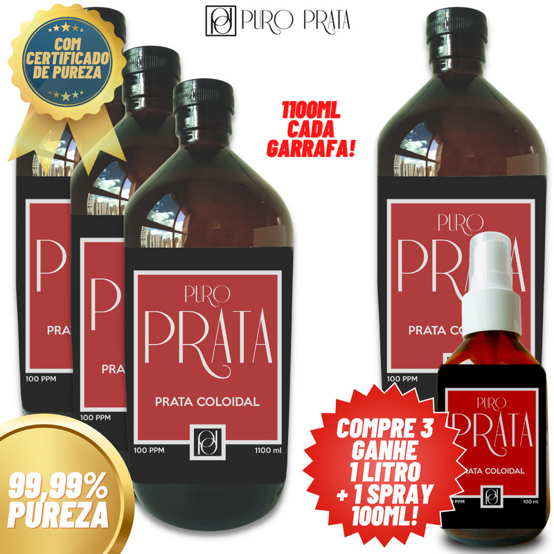 Prata Coloidal 100ppm Compre 3 Litros Ganhe 1 Litro + Spray 100ml! Puro Prata 99,99% Pureza Com Certificado