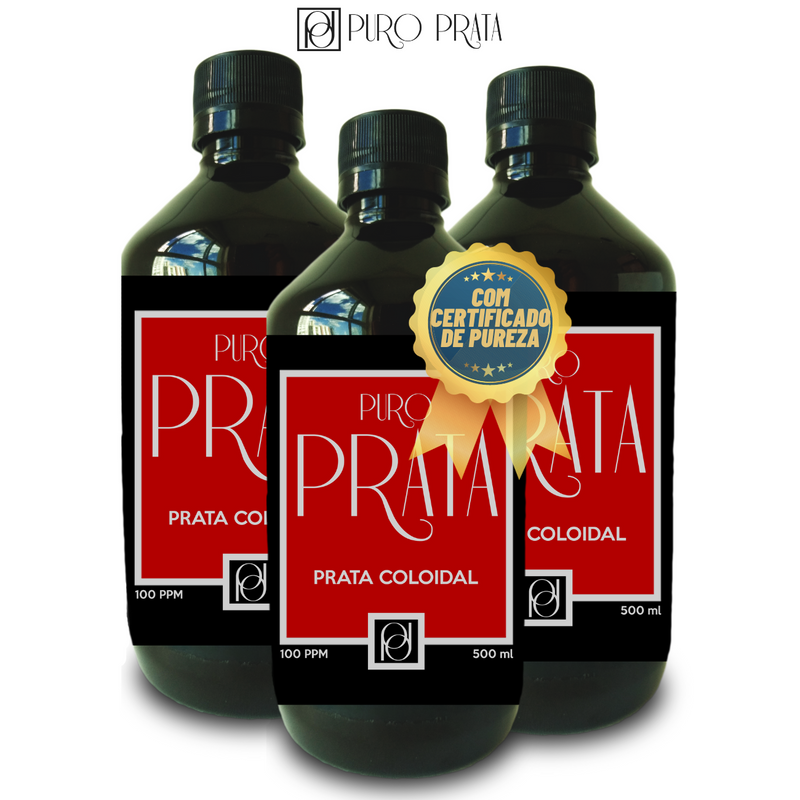 Prata Coloidal 100ppm 3x 500ml Puro Prata Com Certificado 99,99% Pureza