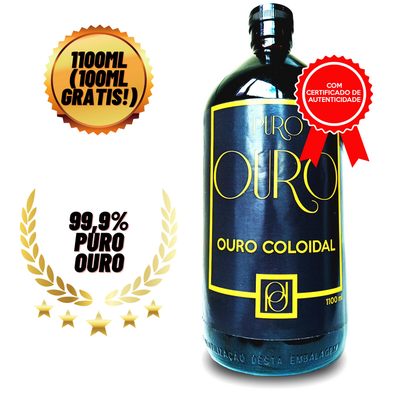 Ouro Coloidal Puro Ouro 250ppm 1 Litro (+100ml Grátis!) Com Certificado Vidro Âmbar