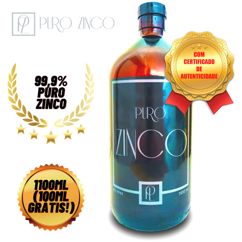 Puro Zinco Coloidal 1 Litro 1100ml (+100ml Grátis!) Vidro Âmbar