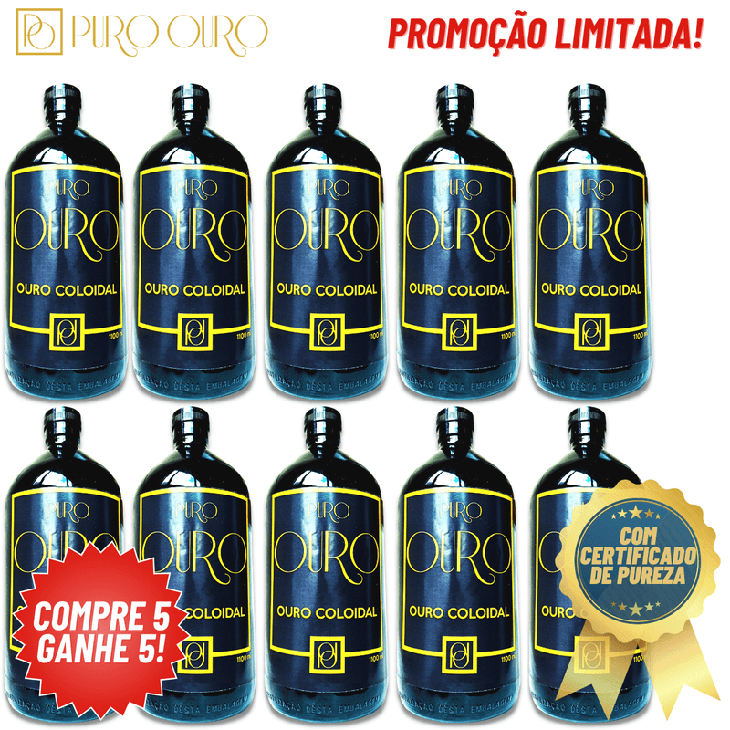 Kit Atacado/Revenda Ouro Coloidal 1 Litro (1100ml) Compre 5 Ganhe 5! Promoção Limitada! Puro Ouro 99,99% Pureza Com Certificado Autenticidade