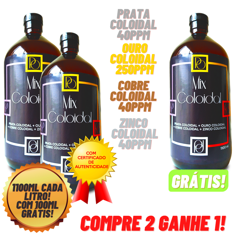 Mix Coloidal 1 Litro 1100ml Compre 2 Ganhe 1! (Prata + Ouro + Cobre + Zinco Coloidal) 1 Litro Compre 2 Ganhe 1!