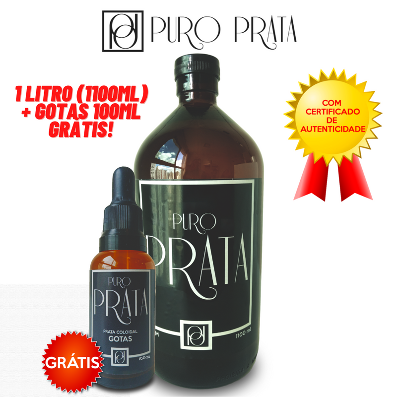 Prata Coloidal 40ppm 1 Litro (1100ml) + Gotas 100ml Grátis! Água de Prata Puro Prata