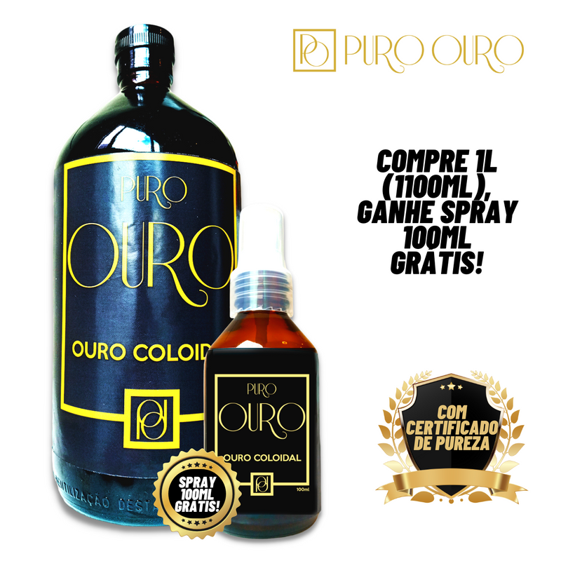 Super Combo Ouro Coloidal 250ppm 1 Litro + Spray 100ml Com Certificado 99,99% Pureza