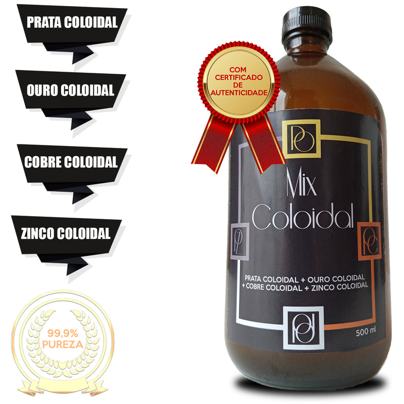 Mix Coloidal 500ml (Prata + Ouro + Cobre + Zinco Coloidal) Com Certificado 99,99% Pureza