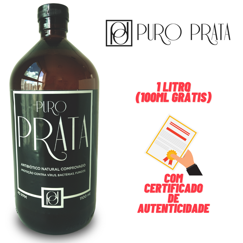 Prata Coloidal 40Ppm 1 Litro 1100ml (+100ml Grátis!) Puro Prata Com Certificado