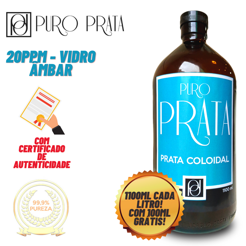 Prata Coloidal 20Ppm Puro Prata 1 Litro 1100ml (+100ml Grátis!) Água De Prata Vidro